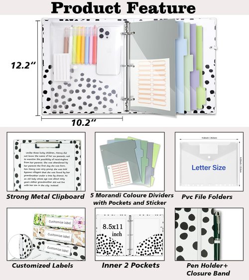 BVSSX 3 Ring Binder Organizer - 1 Inch Binder with Clipboard & 5 Tab Dividers | Polka Dot, Letter Size