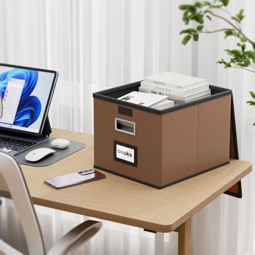 Huolewa File Organizer Boxes - Collapsible Faux Leather Filing System with Lids | Decorative Home & Office Storage