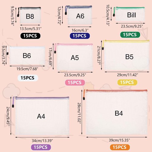 Zhehao 120 Pcs Mesh Zipper Pouch Waterproof Mesh Bags with Zipper Waterproof PVC Document Pouch PVC Travel Zipper Multipurpose Document Bags for School Office(Multicolor Zipper)