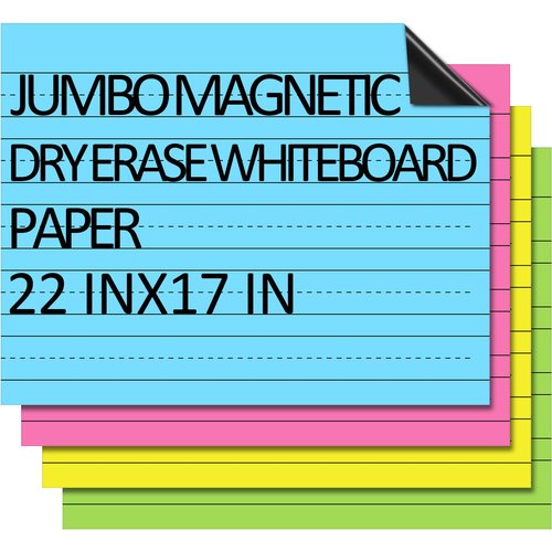 Lincia 4 Pcs Colored Jumbo Magnetic Handwriting Paper Large Magnetic Dry Erase Notebook Poster Lined Paper for Classroom Teachers Whiteboard, Teaching Supplies 22 x 17 Inch, 4 Colors