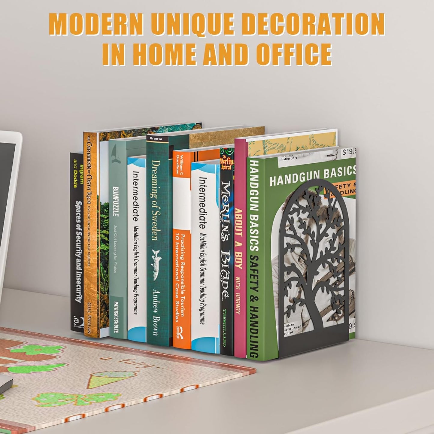 VFINE Black Metal Bookends - Heavy Duty Decorative Bookends for Shelves | Modern Design (2 Pairs)