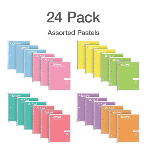 Oxford - Spiral Notebook 24 Pack of 8 Pastel Colors, 1 Subject, Wide Ruled, Notebooks for School - 8x10.5 Inch - 70 Sheets