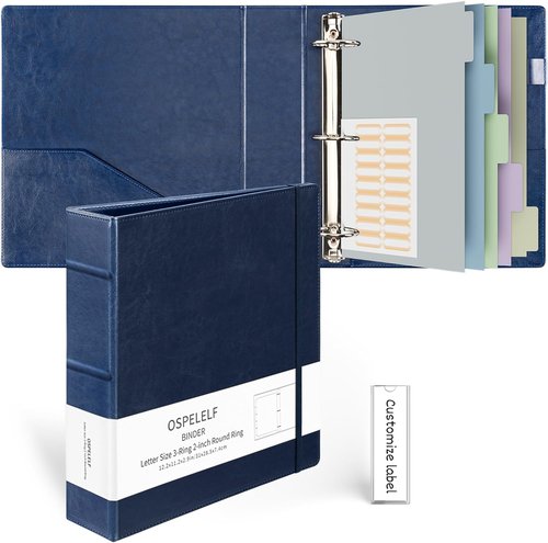 Ospelelf Vintage Leather Binder - 3 Ring 2 Inch Organizer for Letter Size Documents | Dark Blue