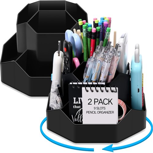Sunnychicc 2 Pcs 9 Slots 360° Rotating Pencil Pen Holder for Desk,Rotating Desk Organizer for Office Home Art Supplies(Black)