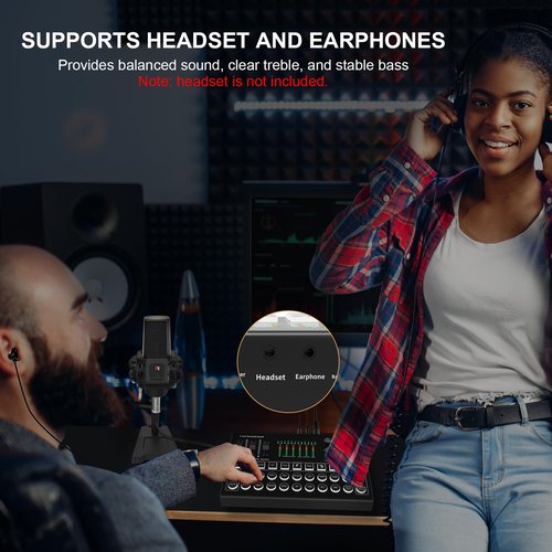 RHM Podcast Equipment Bundle, All-in-One Audio Interface DJ Mixer with Microphone, Stand, Monitor Earphone, Audio Mixer With Sound card for PC/Laptop/Phone, Streaming/Podcasting/Gaming