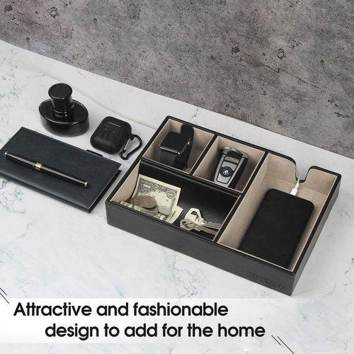 JACKCUBE DESIGN - Valet Tray Multi Leather, Desk or Dresser Organizer, Catch-all for Keys, Phone, Wallet, Coin, Jewelry and Nightstand(Black, 10.6 x 7.2 x 1.9 inches) - :MK233A