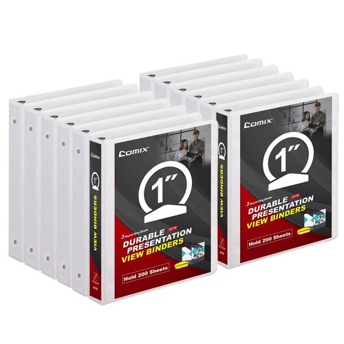 COMIX Sturdy 3 Ring Binder 1 inch with Clear View Cover, 1" Round Ring View Binder, PVC-Free, 200 Sheets Capacity of US Letter Size Paper, Office ＆ School Supplies, Pack of 12 (White)