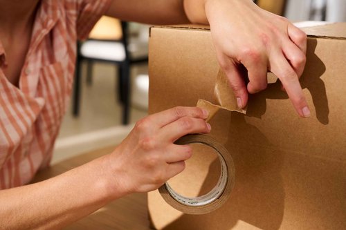 Duck EZ Tear Brown Paper Packing Tape for Boxes, 6 Rolls of Kraft Paper Packaging Tape, Great for Shipping, Moving, Mailing, & Storage, Tears by Hand, Writable Surface, 1.88 Inch x 25 Yards, Tan