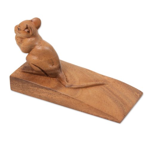 NOVICA Brown Hand Carved Suar Wood Mouse Door Stopper, 'Charming Mouse In Brown'