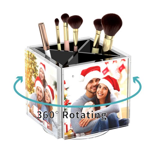 HIIMIEI Acrylic Rotating Pen Holder for Desk, Pencil Holder Picture Frame Holds 4 Family Photos of 4"x4", Desk Pen holder Organizer for Office, Classroom, Home, Kids (Black)
