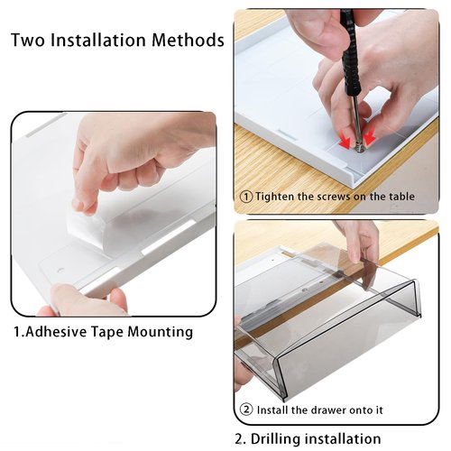 SOUJOY 2 Pack Self-adhesive Under Desk Drawer, Hidden Slide Out Organizer Tray, Plastic Under Table Attachable Hidden Storage Organizer for Office Home School Kitchen Sewing Table