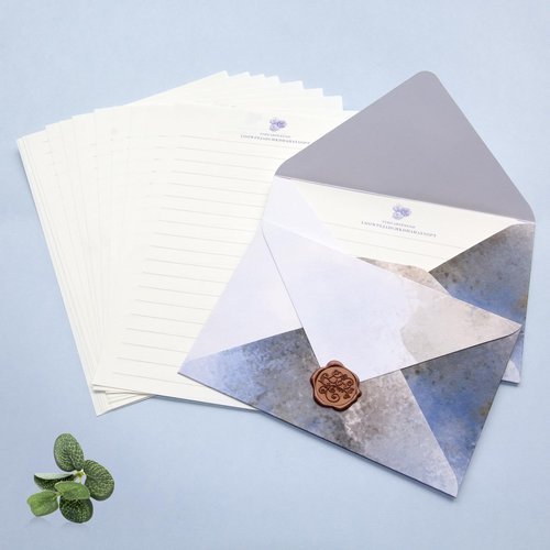 Tuhangcc Stationary Paper Set Minimalism - Hand Blended Colors,12 Envelopes (4x6 in) & 24 Lined Paper for Wedding Love Letters, Invitations, Anniversaries (Lake Blue - Grey)