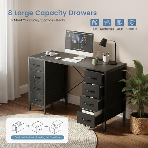 DUMOS 47-Inch Computer Desk - Stylish Office Gaming Desk with 8 Fabric Drawers | Black