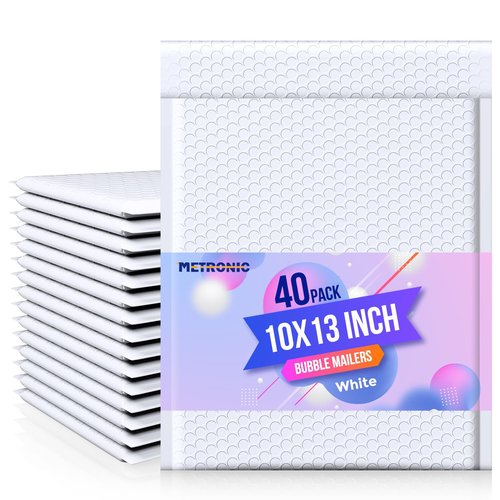 Metronic Bubble Mailer 10x13" White 40 Pack, Poly Padded Envelopes Waterproof Shipping Bags for Clothing, Self Seal Cushioning Mailers for Shipping Books, Jewelry, Makeup Supplies