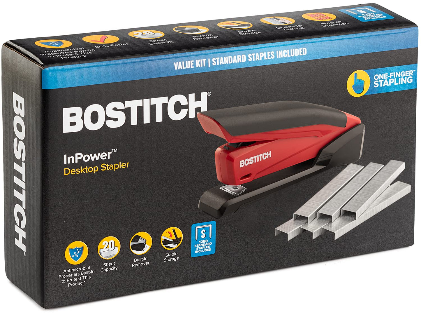 Bostitch Stapler - InPower, One Touch Heavy Duty Red Office Stapler with Built-in Staple Remover, 20 Sheet Capacity, 1260 Staples Included