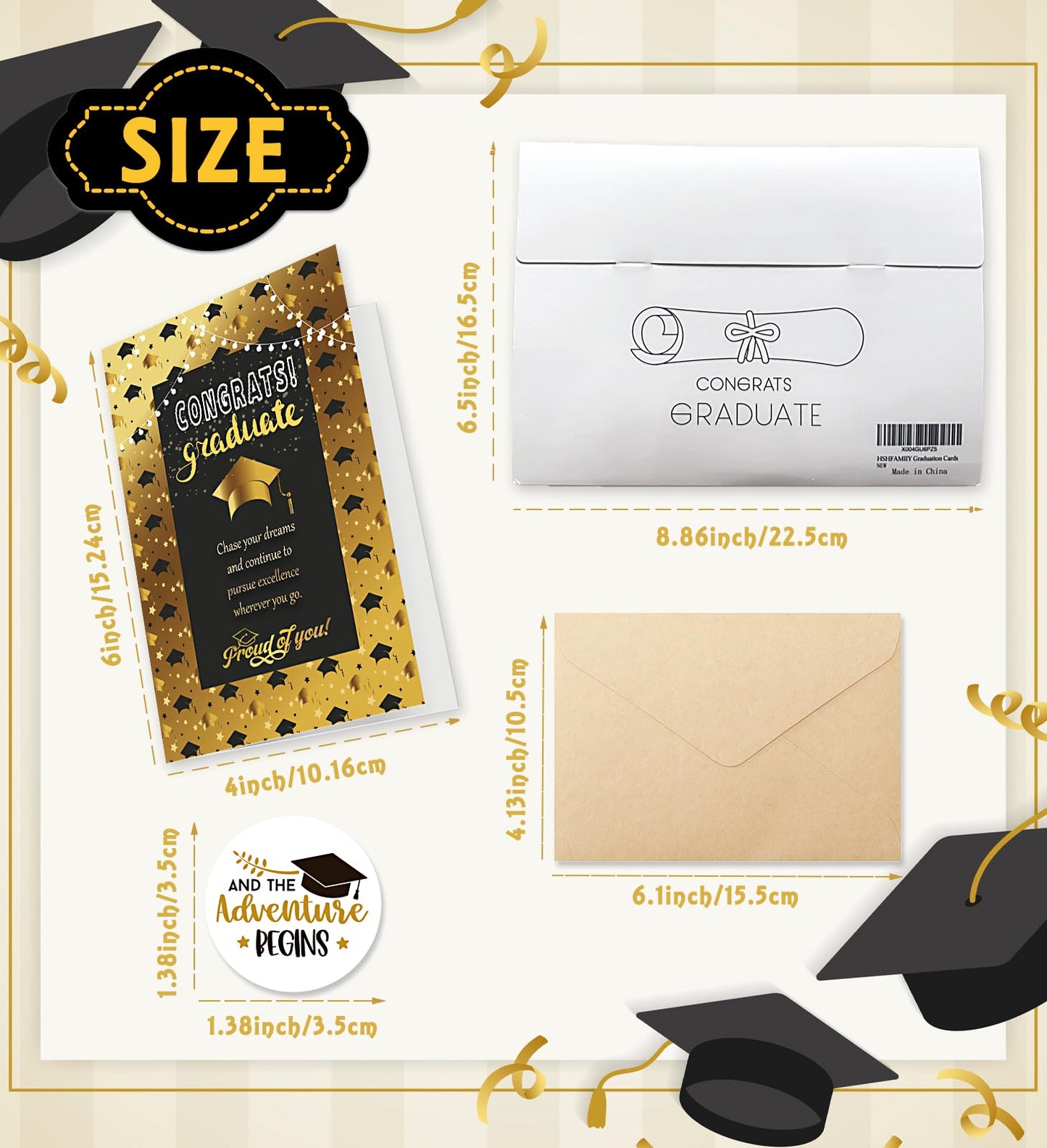 HSHFAMIIY Graduation Cards, Congratulations Grads with Envelope, Black and Gold, Congratulations Grad with Envelope Sticker - Blank Inside(12 Cards and Envelopes, 4 Designs)