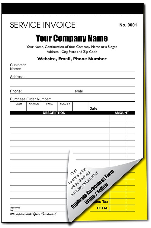 Custom Service Invoice Carbonless Form with Your Company Name - 2 Books (100 Sets) Numbered