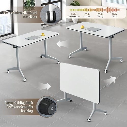 Conference Table 4-Pcs Conference Room Table 2-10 People Folding Conference Table with Wheels Modern Conference Room Foldable Mobile Flip Top Table White Training Room