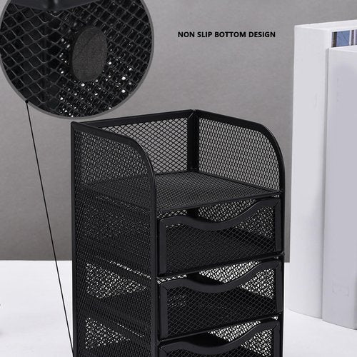 HEEPDD 3 Tier Mesh Office Desktop Organizer with 3 Drawer, Mini Desk Supplies Office Supplies Organizer Metal Stationary Black Desk Caddy