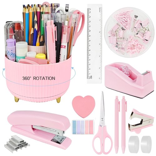 Pink Office Desk Accessories, 15pcs Office Supplies 360°Pen Holder Desk Organizers and Accessories with Pink Stapler and Tape Dispenser Set, Cute Desk Accessories for Women Gift Set