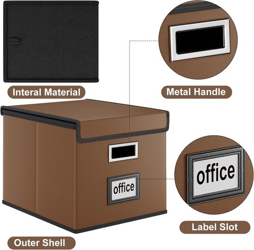 Huolewa File Organizer Boxes - Collapsible Faux Leather Filing System with Lids | Decorative Home & Office Storage
