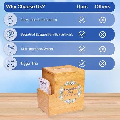 Suggestion Box with Slot, Donation, Rustic Feedback for Patient Care and Prayer Requests, 8H x 5.5W x 7.5L inch, Sustainable Bamboo Wood, School Voting