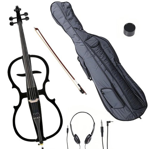 Verahaus Electric Cello 4/4 Full Size Ebony Fittings with Lightweight Cello Bag, Headphones, Bow, Bridge, Rosin, Cello for Beginners Adults(Metallic Black)