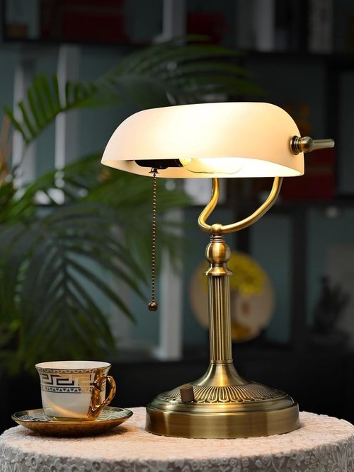 Newrays White Matted Glass Bankers Desk Lamp - Stepless Dimmable Table Lamp for Home Office & Study