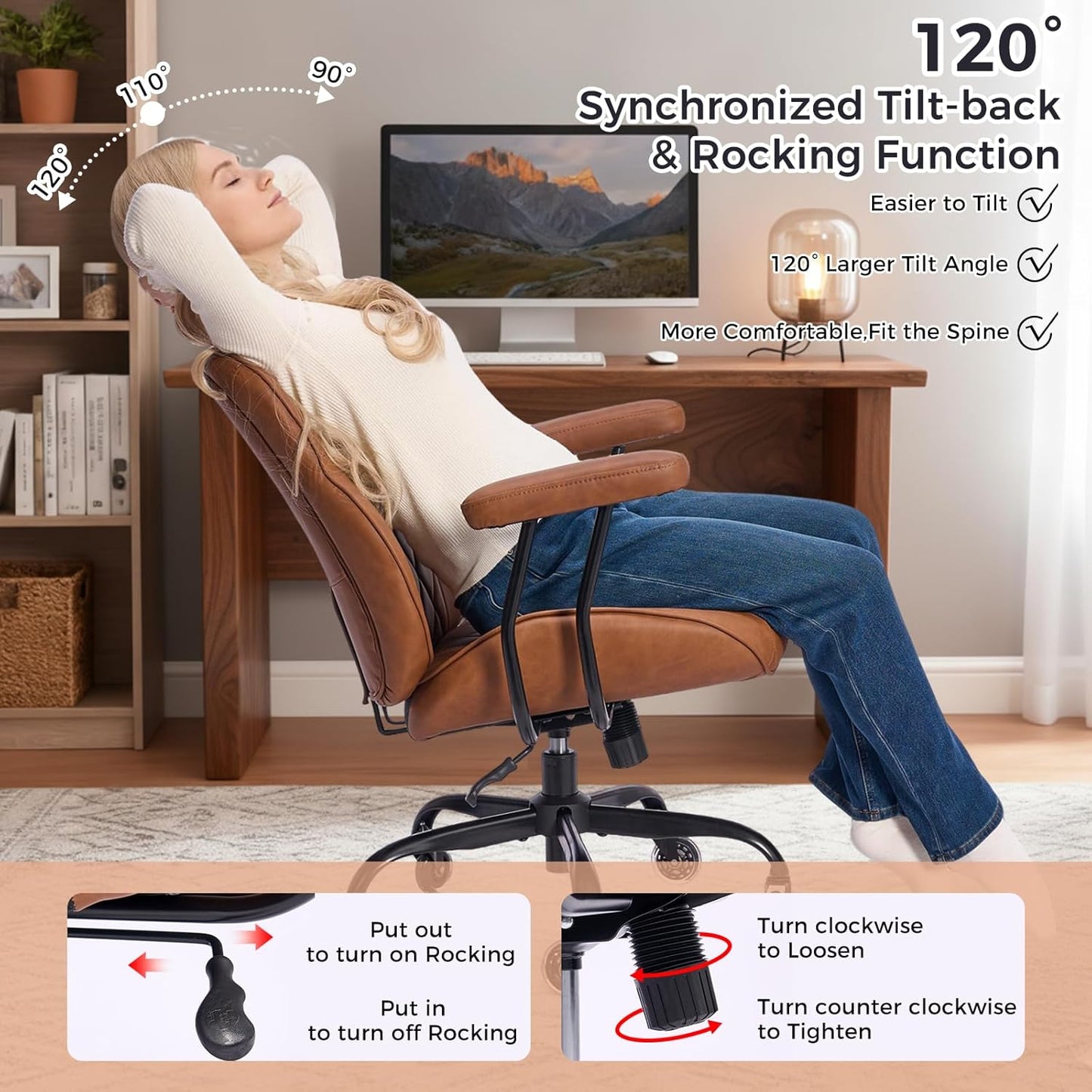 BEWISHOME Brown Leather Office Chair - Ergonomic Design with Lumbar Support & Adjustable Height | 360° Swivel