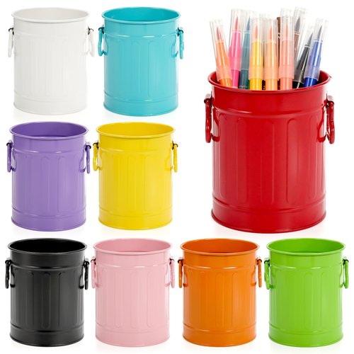 Noamus 9 Pack Metal Pen Holder, Mini Pencil Bucket with Handle, Desktop Pencil Cup Makeup Brush Organizer, Desk Colorful Small Pails, Stationary Supplies Container for Office Classroom School Crafts