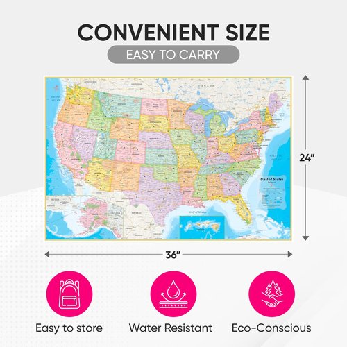 NOWMAP AquaShield Double-Sided United States, USA Map Waterproof Poster 24x36 - Folded with (Pin Stickers)
