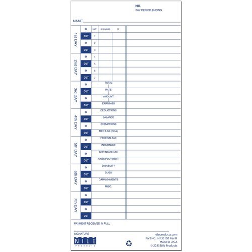 Nile Products - 200 Authorized Single Sided Time Cards for Pyramid Manual Side Print Timeclock and Document Stamp [ NP35100-PK2], Pyramid 35100-10 Compatible (4 W x 9 H Inches) - 200 Time Cards
