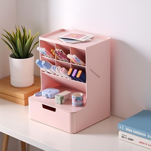 Saikvi Desk Organizer with Drawer Pink Pen Holder Workspace Organizers Office Desk Accessories and Workspace Organizers for Home Office Organization