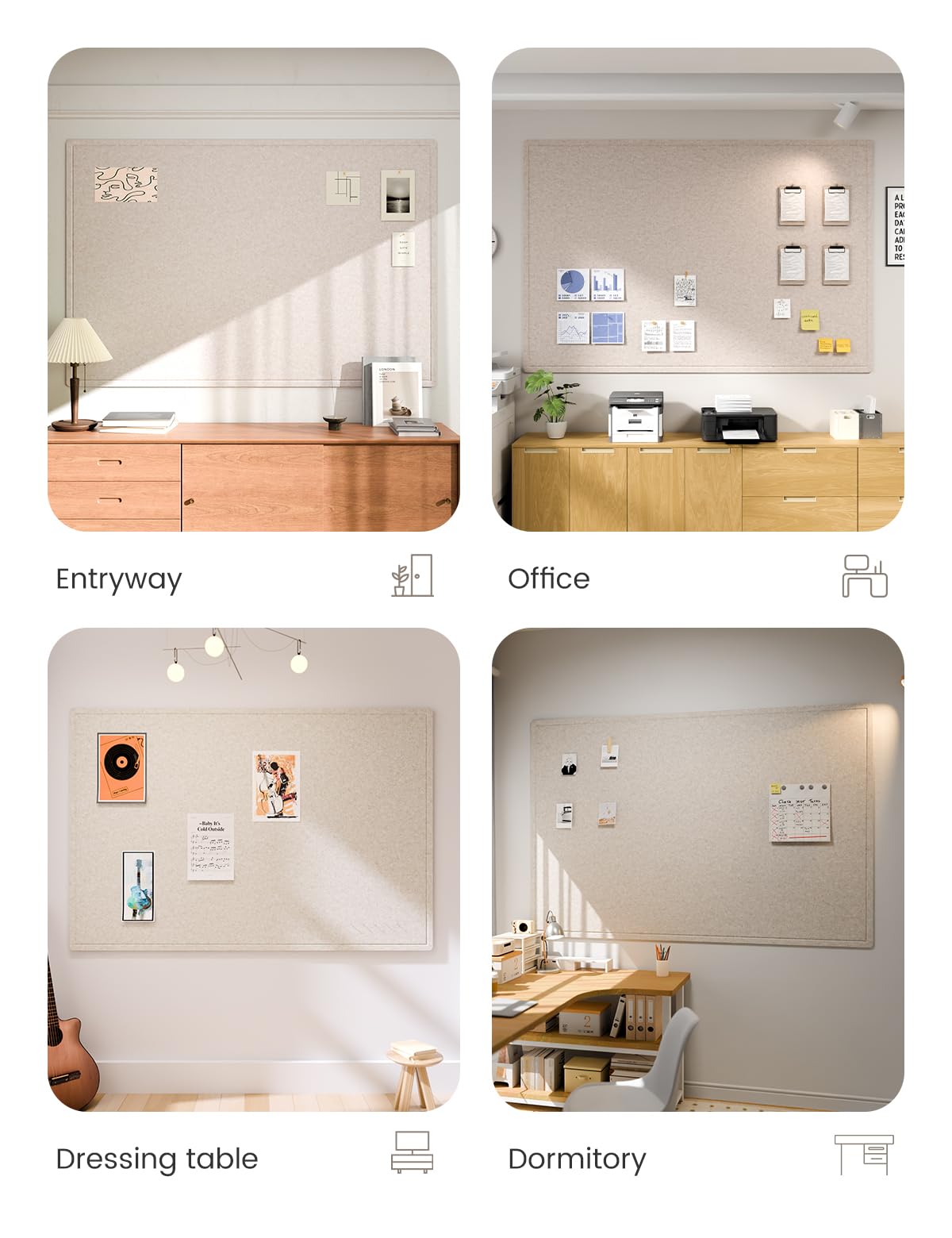 Fluxynara Large Bulletin Board, 70.8" x 47.2" Cork Board Alternative with 48 Safe Removable Adhesive Tabs, Foldable Felt Pin Board for Home Office, Classroom, Bedroom,Entryway for Walls—Oatmeal