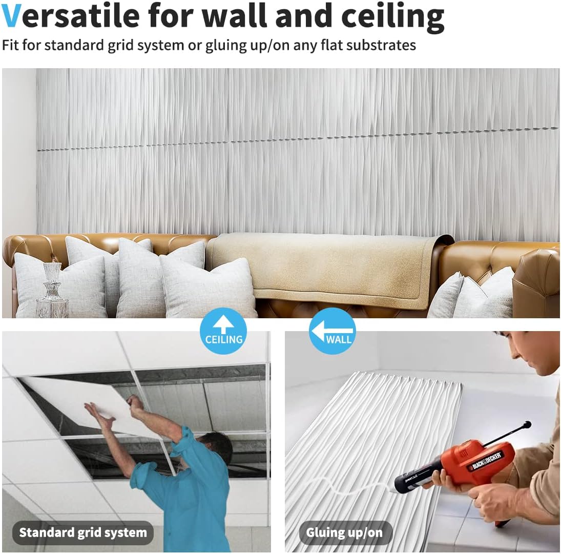 Art3d 3D Wall Panels - Large White PVC Textured Wavy Design for Stunning Interior Décor | Pack of 6 Tiles (47.2"×23.6")