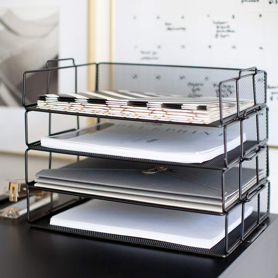 BLU MONACO 4-Tier Stackable Paper Tray for Desk Organization | Black Metal Mesh Letter File Holder | Tiered Desk Organizer for Office Workspace Document Storage 14.8 x 13 x 10.9 in