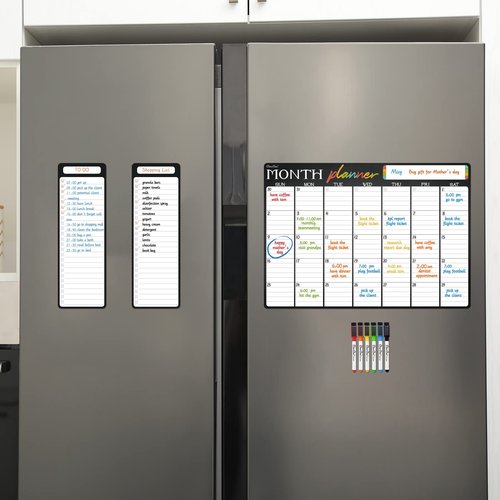 Magnetic Dry Erase Monthly Calendar - 17"x12" Monthly Calendar for Fridge - 4"x12" List Board 2 Pcs - 6 Extra Fine Point Markers Included - Shipped Flat
