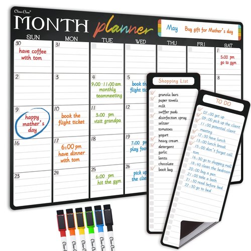 Magnetic Dry Erase Monthly Calendar - 17"x12" Monthly Calendar for Fridge - 4"x12" List Board 2 Pcs - 6 Extra Fine Point Markers Included - Shipped Flat