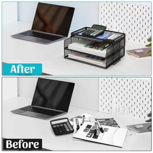 Paper Organizer for Desk, 2 Tiers Stackable Paper Tray Organizer for Desk, Standing Papers File, Black Mesh/Office File Collation