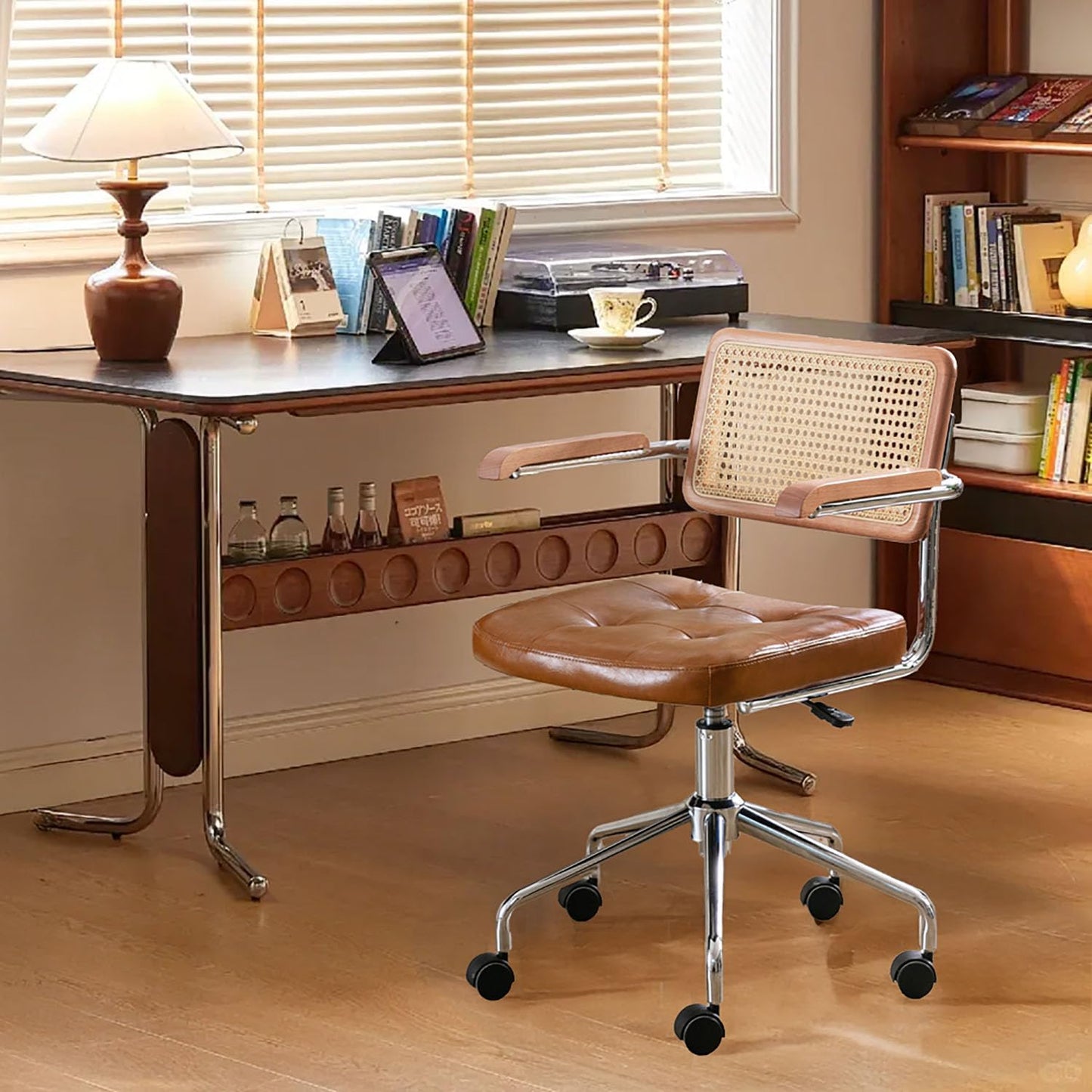 Zesthouse Leather Office Desk Chair - Mid Century Rolling Design with Wood Arms & Rattan Back | Brown