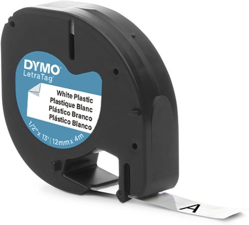 DYMO LetraTag Labeling Tape - Black Print on White Plastic, 1/2" W x 13' L, 1 Roll