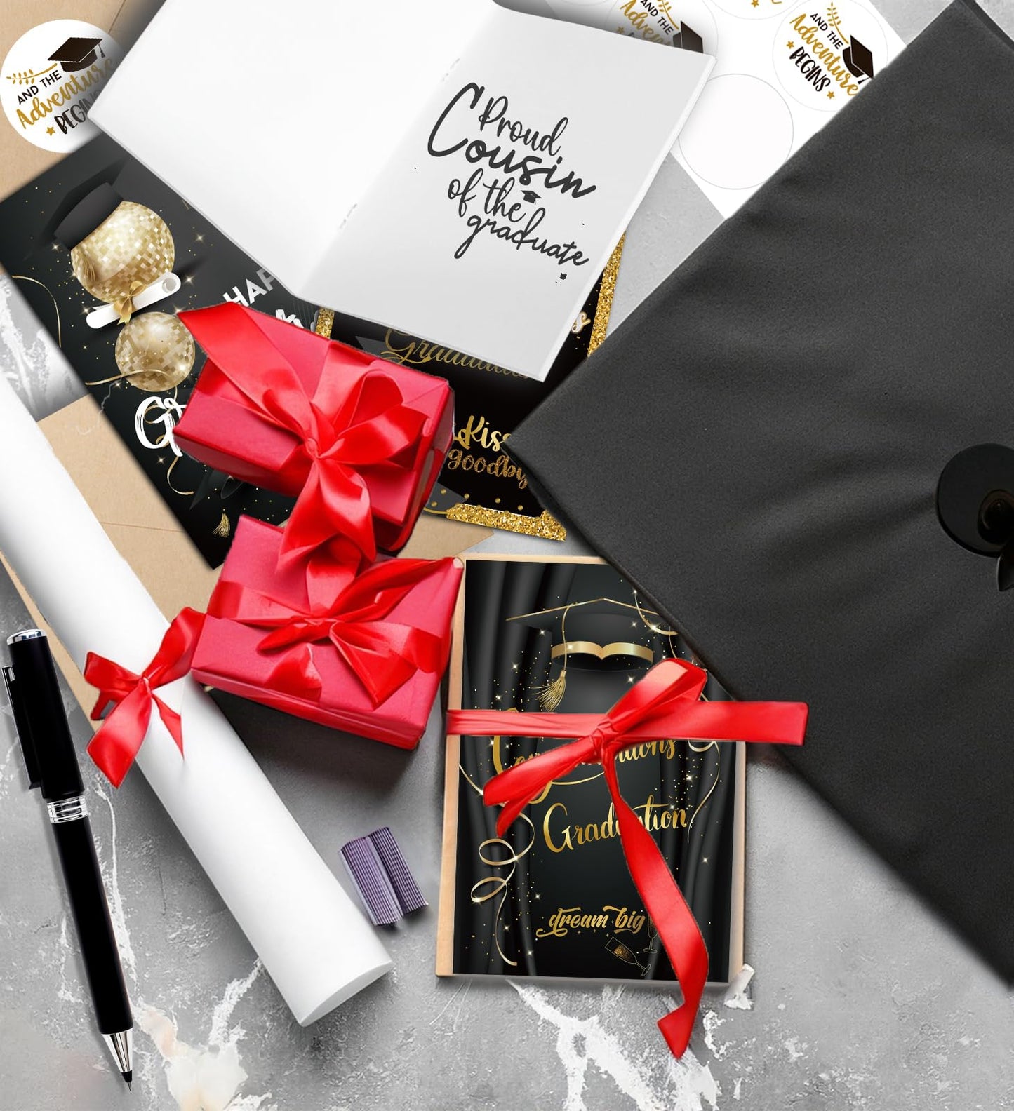 HSHFAMIIY Graduation Cards, Congratulations Grads with Envelope, Black and Gold, Congratulations Grad with Envelope Sticker - Blank Inside(12 Cards and Envelopes, 4 Designs)
