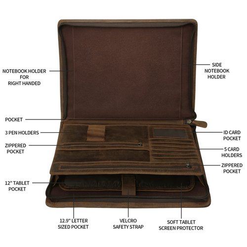 Ringsun Genuine Leather Portfolio with Zipper for Men Women, Padfolio Business Resume A4/Pad, Folder Organizer, Brown, RS01