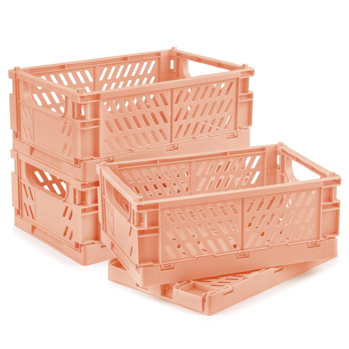 HOYA PONYOO 4 Pcs Collapsible Storage Crates, 10x5.9x4 inches Space-Saving Folding Containers, Stackable Plastic Boxes for Home Kitchen Office Bedroom Bathroom, Light Orange