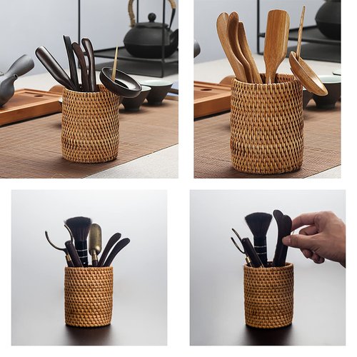 Okllen 2 Pack Rattan Pencil Holder, Handmade Wicker Pen Cup Makeup Brushes Holder, Woven Vine Desk Organizer Pen Container Box for Office & Home Desktop, Kitchen Utensil Cutlery, Cylinder