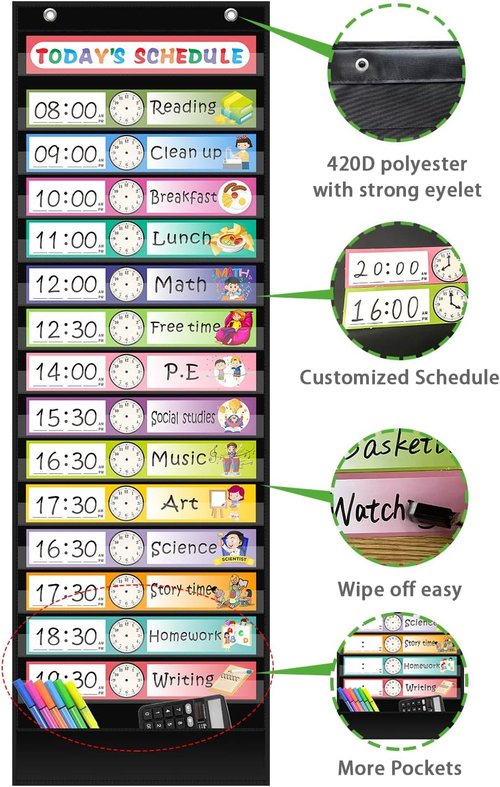 Regeleto Daily Schedule Pocket Chart - 15+1 Pockets with 30 Double-Sided Reusable Cards | Black