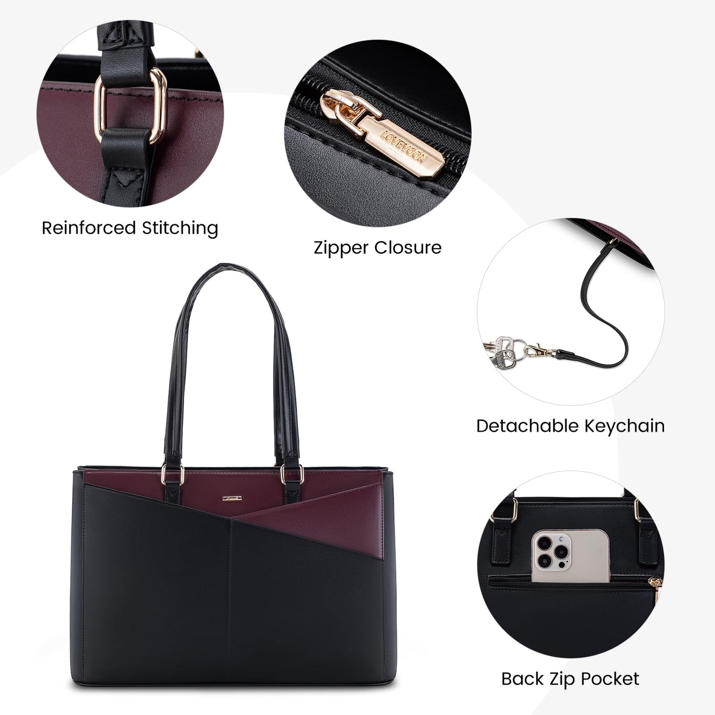 LOVEVOOK Laptop Tote Bag for Women, Office Work Bag Briefcase fit for 15.6 inch Laptop, Large Capacity Teacher Computer Bag Handbag Black/Purple
