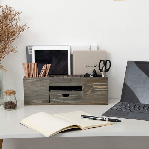 Liry Products Brown Wooden Desktop Organizer Multiple Compartments Rack Shelf Drawer Tabletop Wood Storage Cabinet Office Supplies Caddy Document Stationery Holder Accessory Sorter Vanity Home