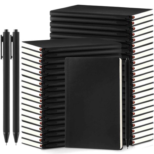 Jetec 30 Pack Notebooks Journals with 30 Pens, Bulk A5 Softcover Leather Notepad Journal with Pen for School Business Work Writing, 200 Pages(Black, Solid)