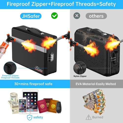 JHSafer Fireproof Document Box with lock, File Organizer with Fireproof Zipper, Hard Shell Fireproof & Waterproof Storage box, Portable Safe for Home, Important Documents, Laptop, Black